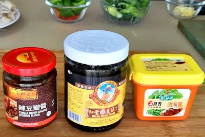 Chili bean paste, black bean paste, sweet bean paste.