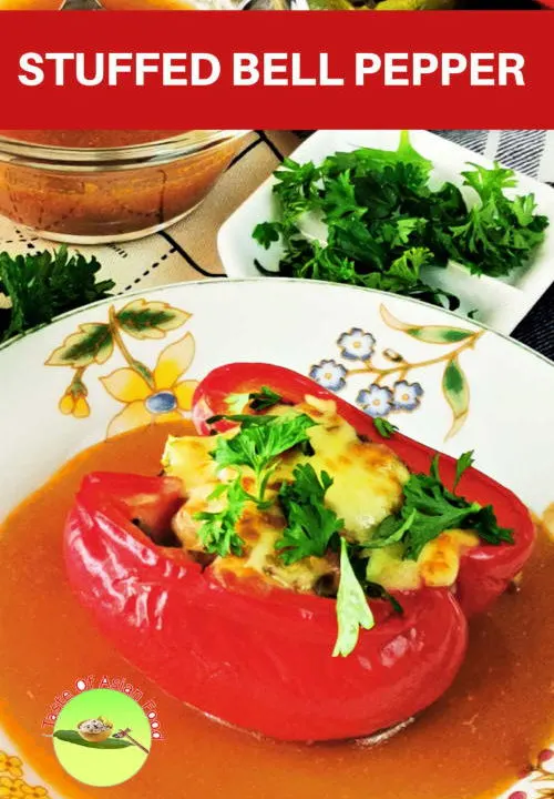 This is stuffed bell pepper with ground beef and dried shitake mushroom, seasoned with soy sauce and Worcestershire sauce. The peppers are steamed in the Cantonese way and served with the gravy created with the liquid released during steaming.