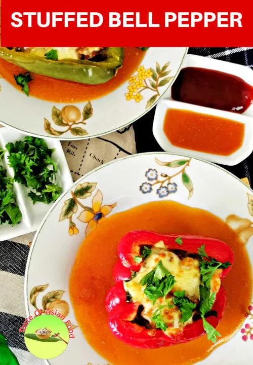 This is stuffed bell pepper with ground beef and dried shitake mushroom, seasoned with soy sauce and Worcestershire sauce. The peppers are steamed in the Cantonese way and served with the gravy created with the liquid released during steaming.