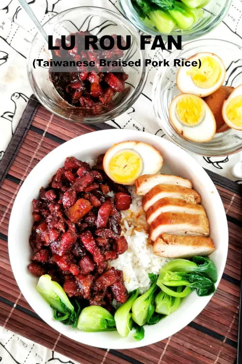 Lu Rou Fan (滷肉飯) is the classic Taiwanese street food. Serve with braised pork, egg, and vegetable over steamed rice. The flavor is out of this world.