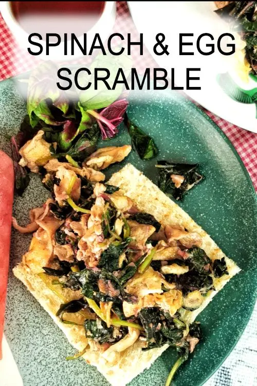 Easy spinach and egg scramble seasoned with light soy sauce and Maggi seasoning. Excellent for breakfast.
