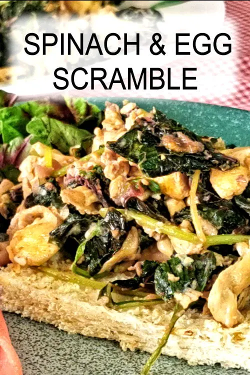 Easy spinach and egg scramble seasoned with light soy sauce and Maggi seasoning. Excellent for breakfast.