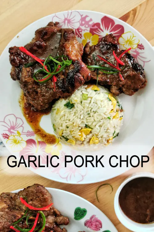 Tasty garlic pork chops with an Asian Twist. The pork is marinated with soy sauce, fish sauce, and black vinegar. Pair with fried rice for a complete meal.