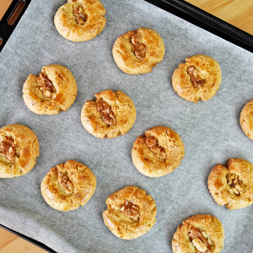 Chinese walnut cookies are called Hup Toh Soh (核桃酥) in Chinese. It is made with crushed walnut, flour, sugar, and egg. Lard is used, but butter is a good alternative.