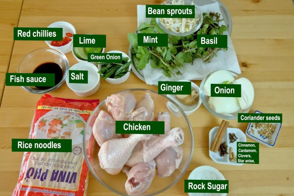 Ingredients to make pho ga- Vietnamese chicken noodle soup