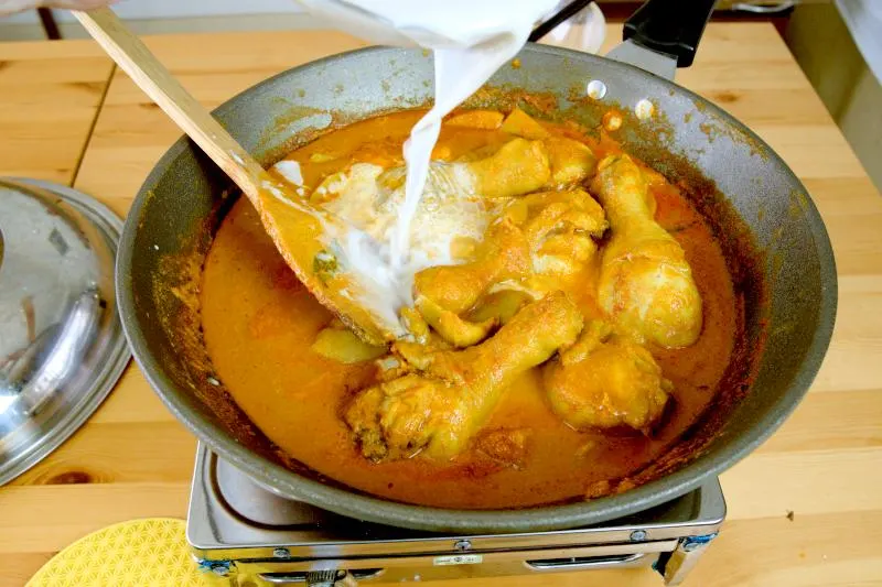 Add the coconut cream at the final stage of making the Curry chicken.