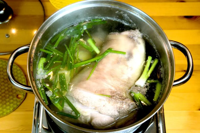 blanch the pork to remove the unwanted smwll