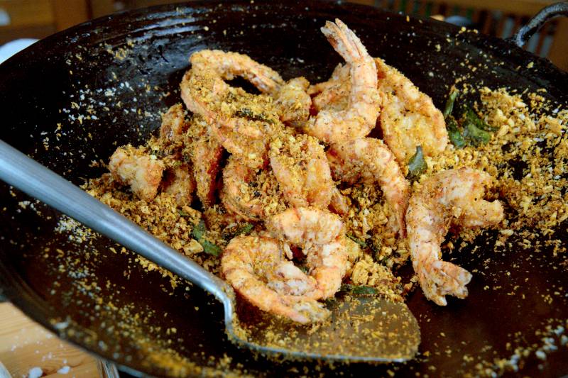combine the seasonings with the shrimp