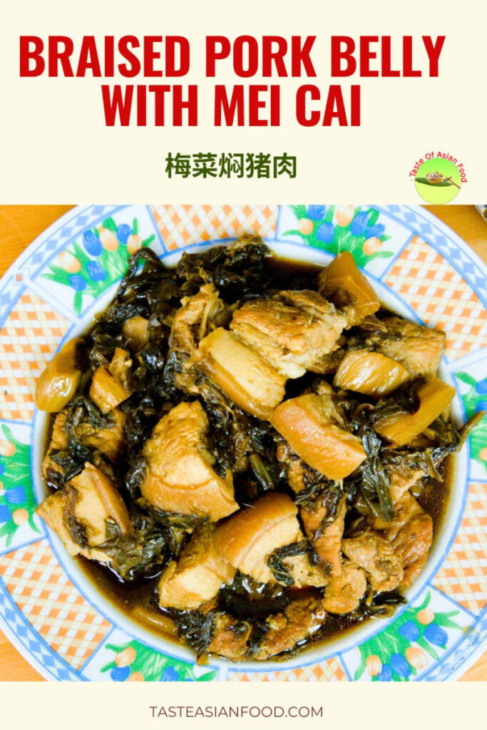 Chinese braised pork belly with salty and sweet preserved mustard greens served hot, a comforting home-style Hakka recipe